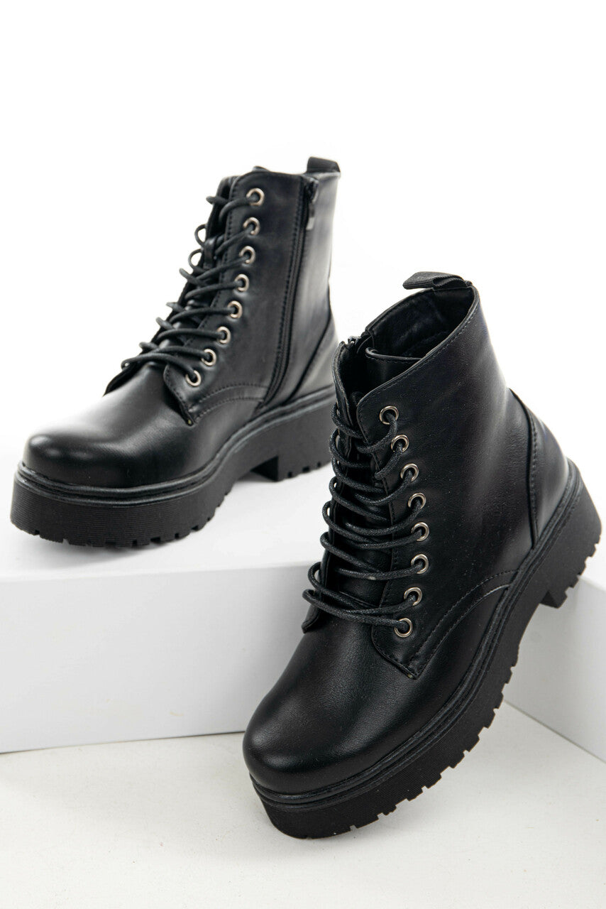 Black Faux Leather Lace Up Combat Booties