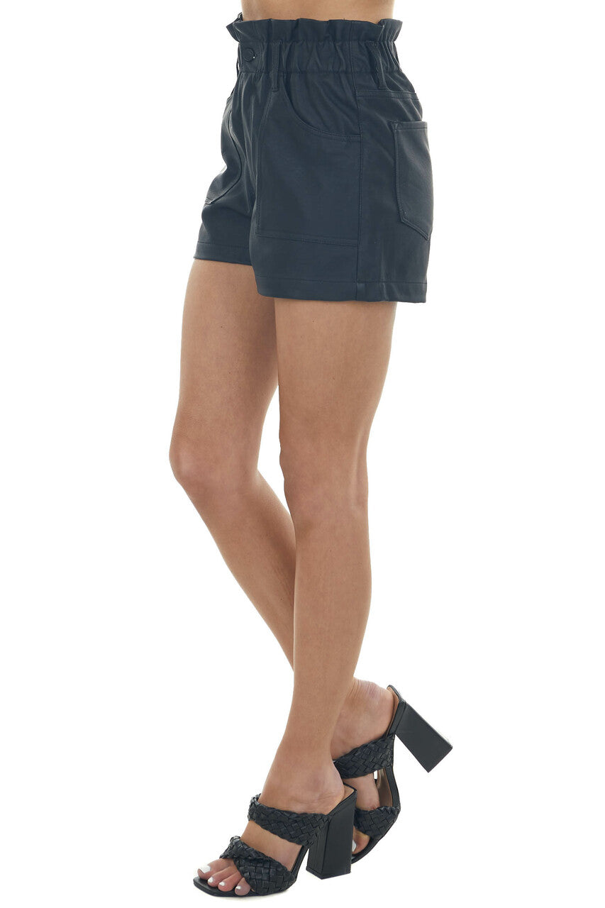 Black Faux Leather Paper Bag High Rise Shorts