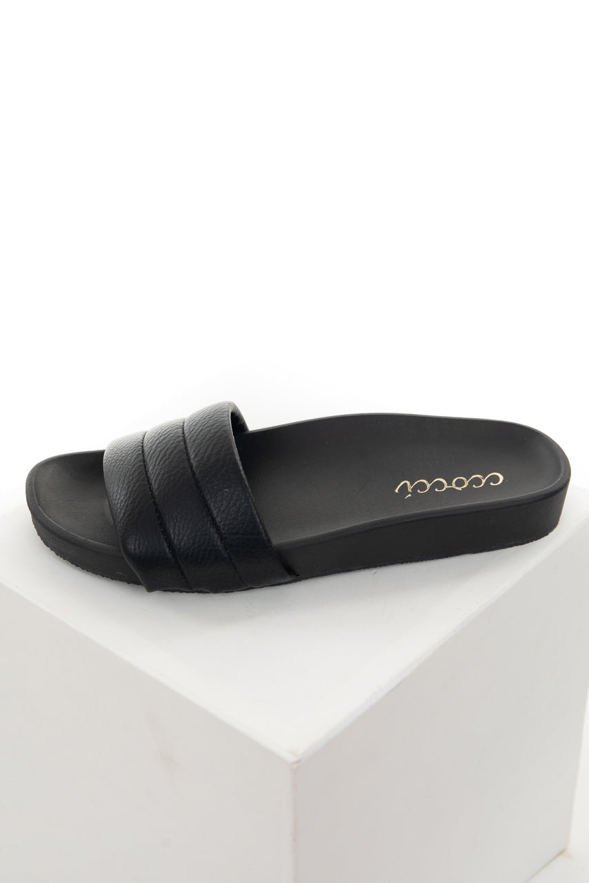 Black Faux Leather Slide On Sandals 