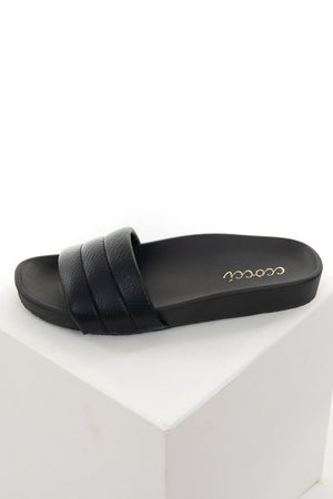 Black Faux Leather Slide On Sandals 