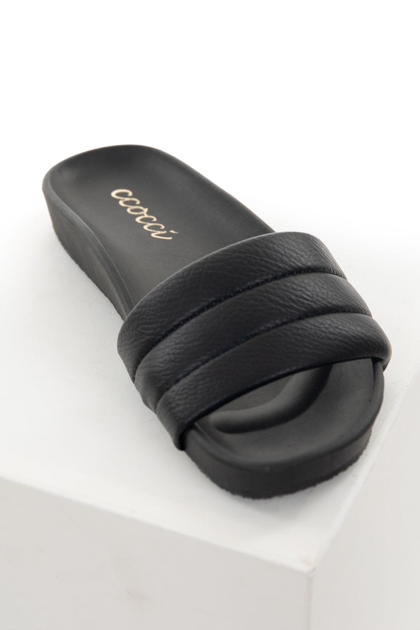 Black Faux Leather Slide On Sandals 