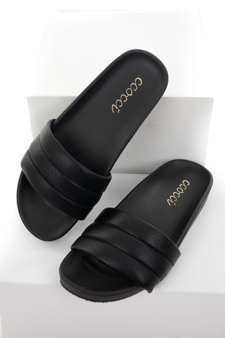 Black Faux Leather Slide On Sandals 