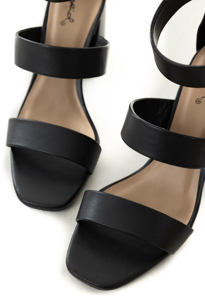 Black Faux Leather Strappy High Heel Sandals 