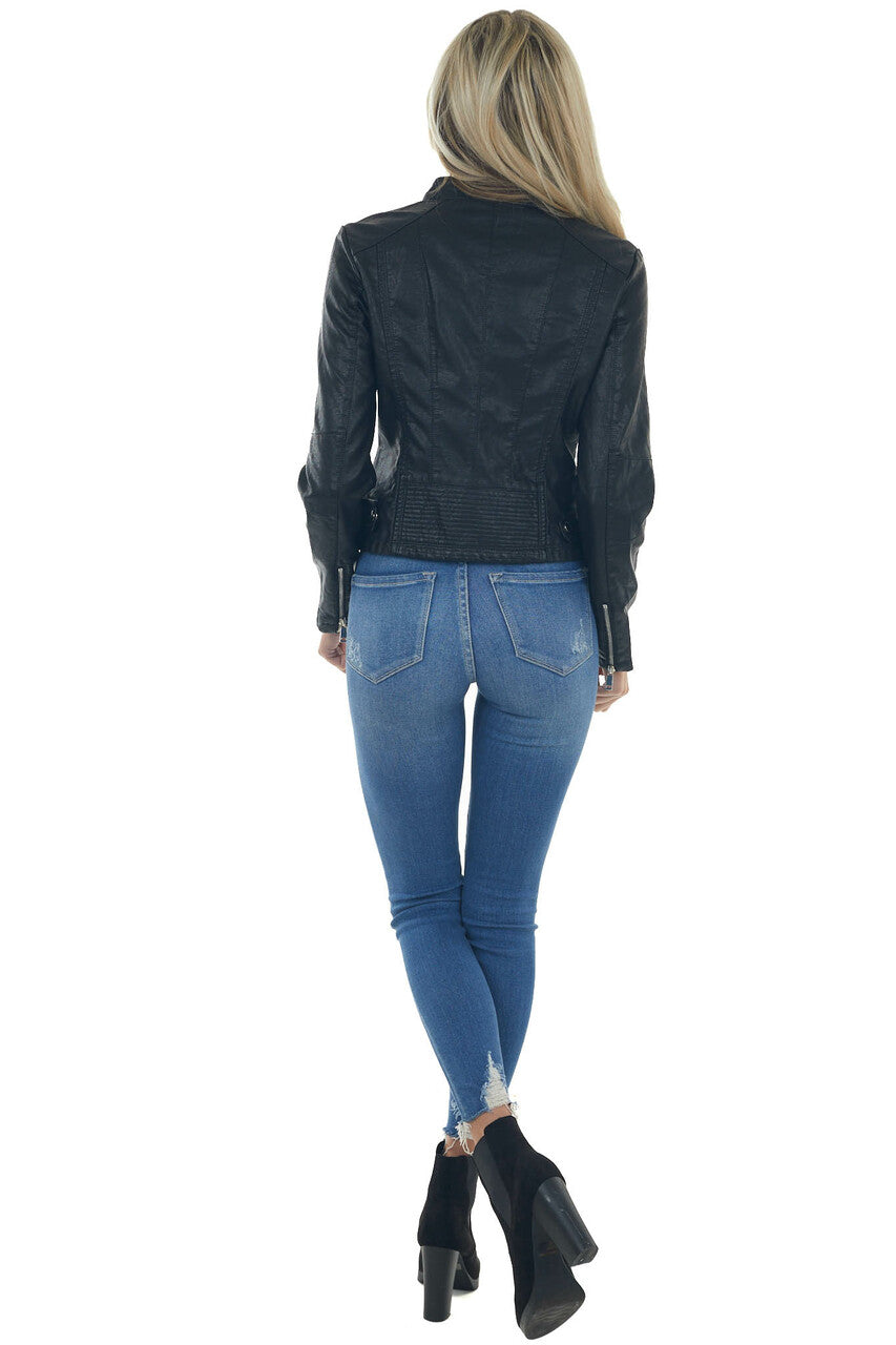 Black Faux Leather Zip Up Racer Jacket