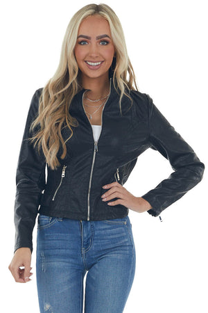 Black Faux Leather Zip Up Racer Jacket