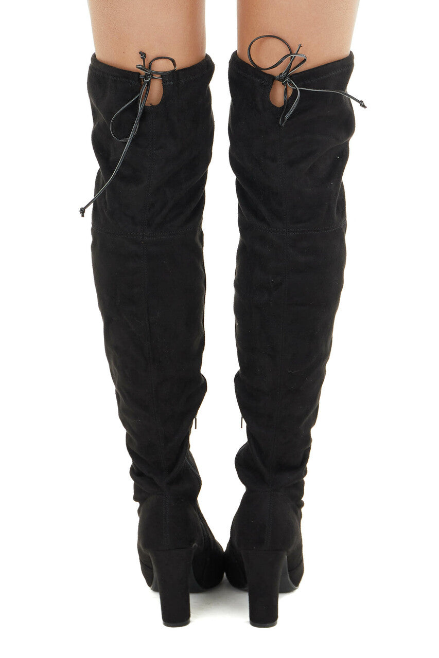 Black Faux Suede Above the Knee High Heel Boots with Tie