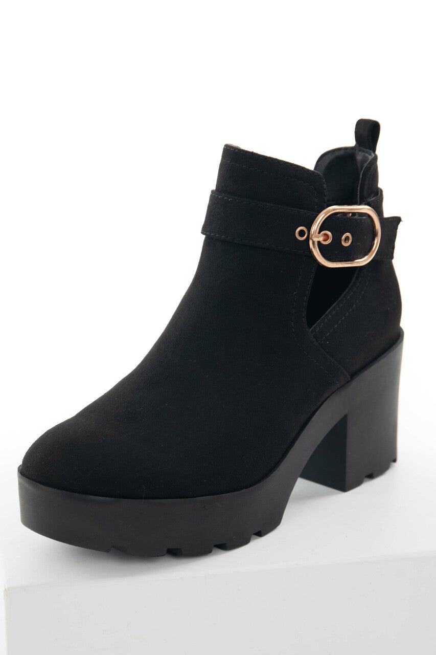 Black Faux Suede Chunky Heel Platform Booties