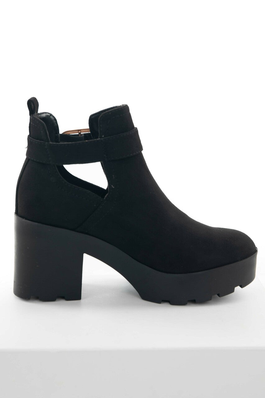 Black Faux Suede Chunky Heel Platform Booties