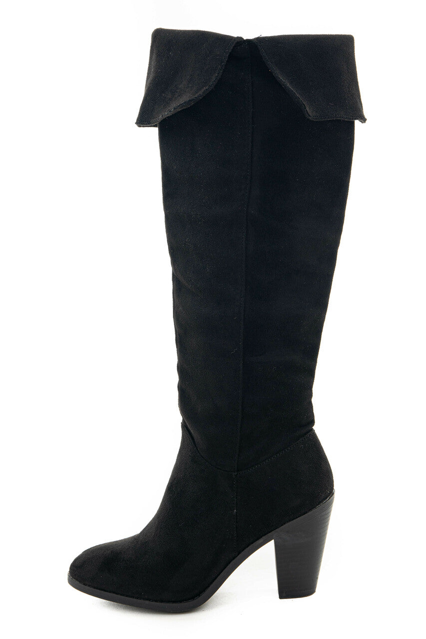 Black Faux Suede Folded Slouchy Heeled Boots