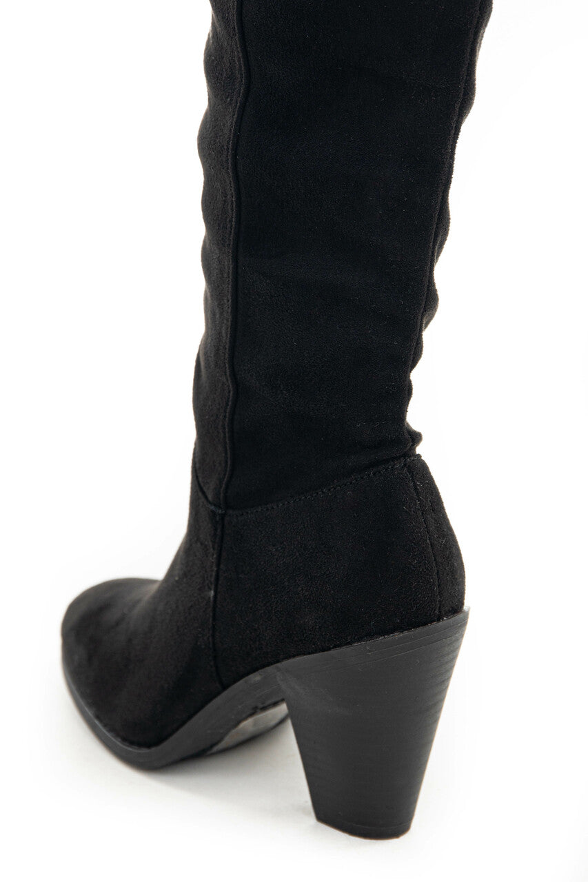 Black Faux Suede Folded Slouchy Heeled Boots