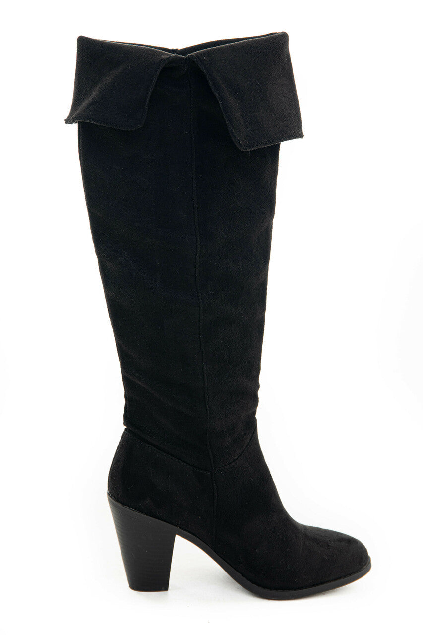 Black Faux Suede Folded Slouchy Heeled Boots