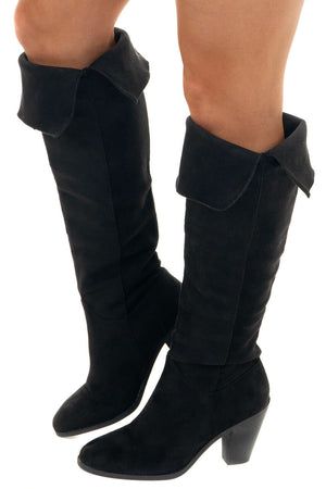 Black Faux Suede Folded Slouchy Heeled Boots