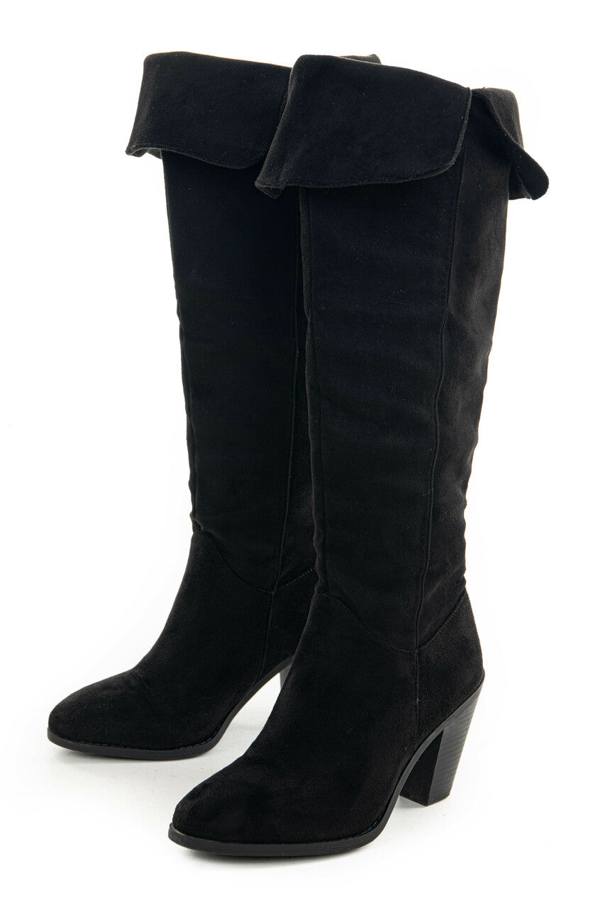 Black Faux Suede Folded Slouchy Heeled Boots