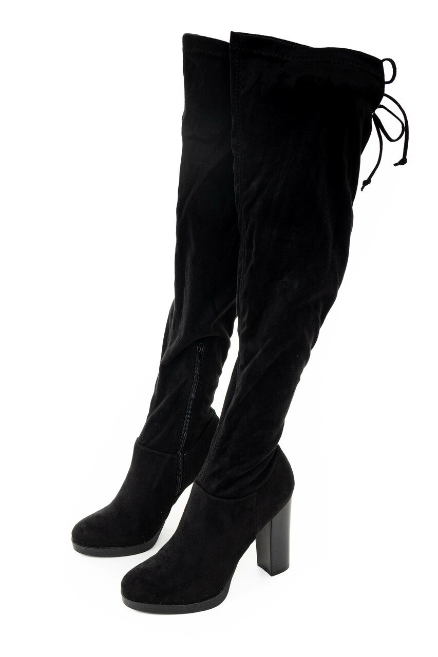 Black Faux Suede Knee Length High Heel Boots