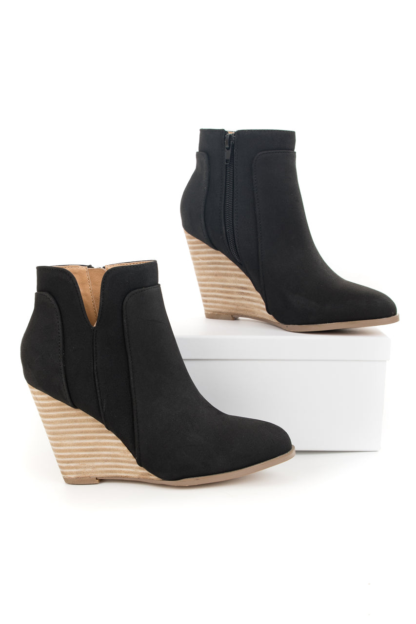 Black Faux Suede Stacked Wedge Bootie