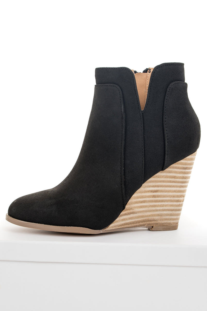 Black Faux Suede Stacked Wedge Bootie