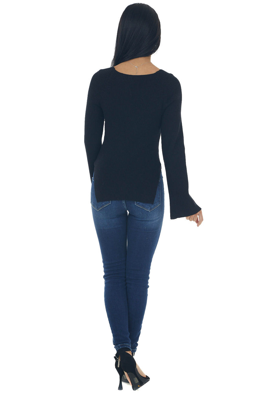 Black Flare Sleeve Side Slit Ribbed Sweater 