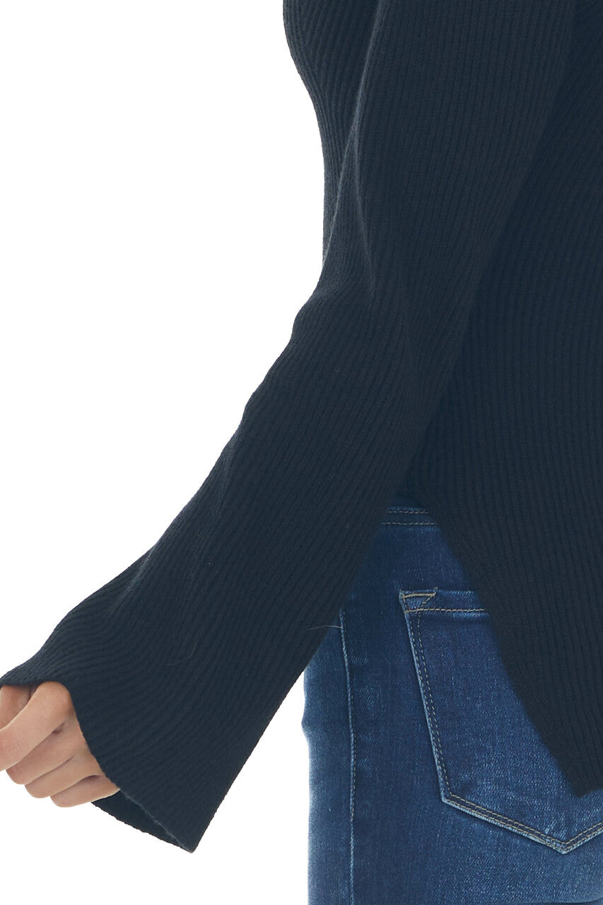 Black Flare Sleeve Side Slit Ribbed Sweater 