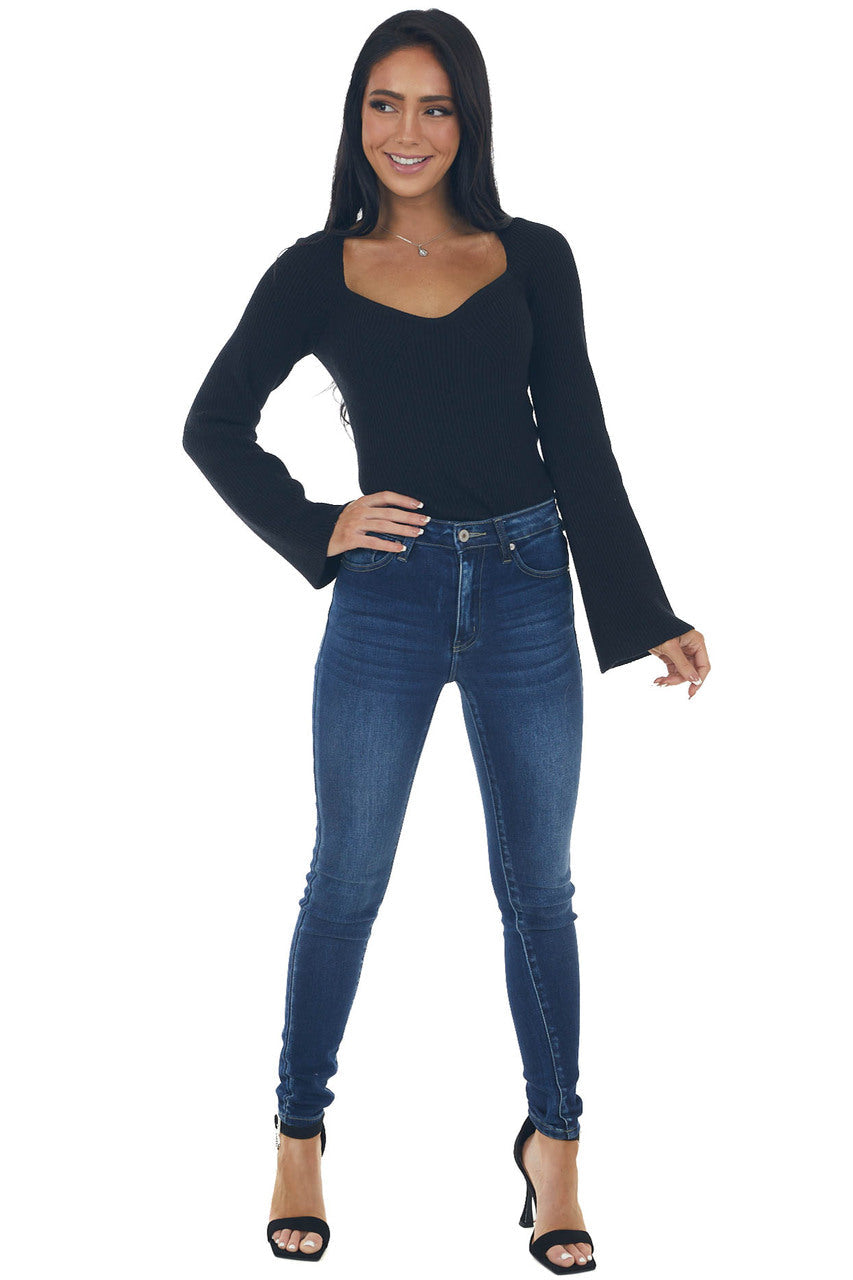 Black Flare Sleeve Side Slit Ribbed Sweater 