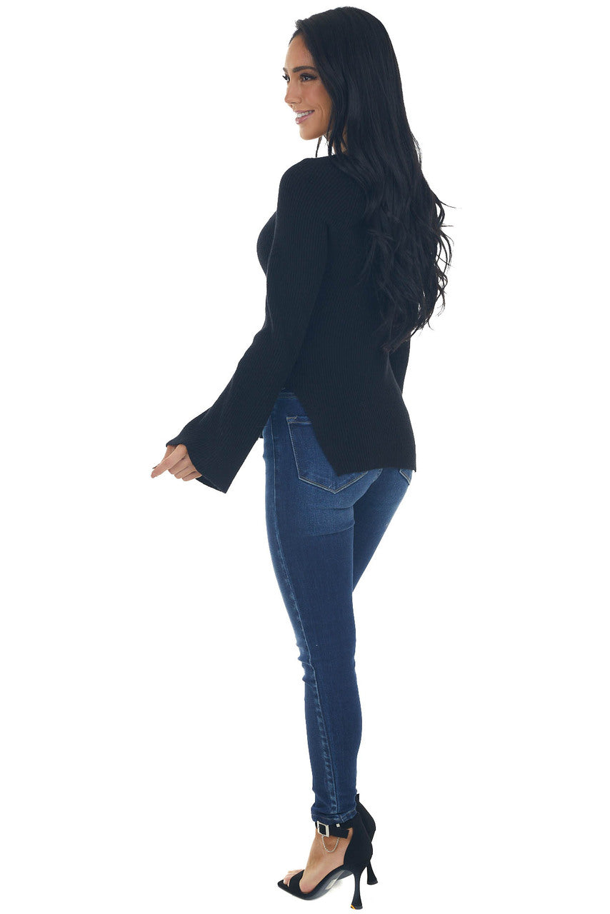 Black Flare Sleeve Side Slit Ribbed Sweater 