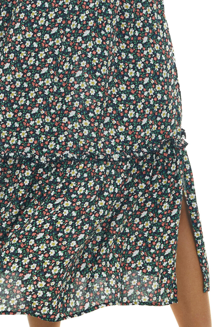 Black Floral Bubble Sleeve Midi Dress