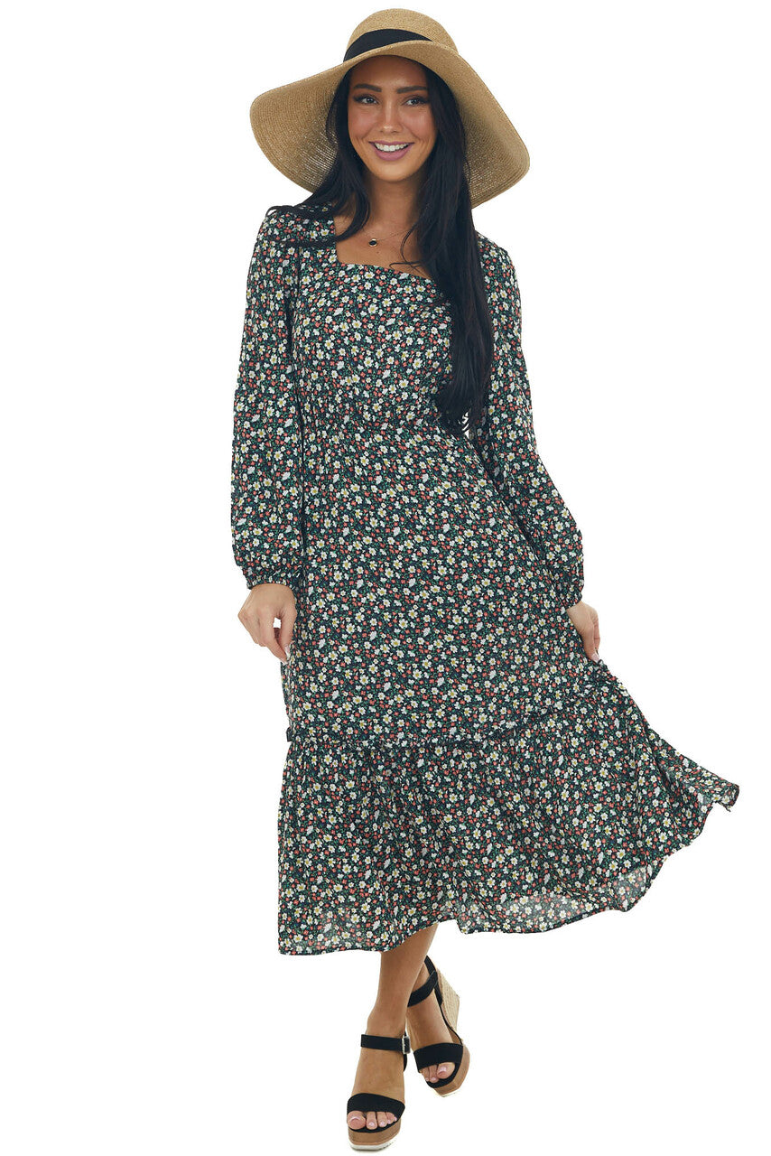 Black Floral Bubble Sleeve Midi Dress