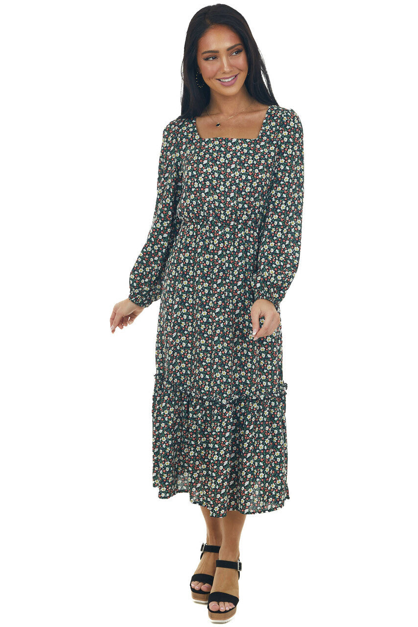 Black Floral Bubble Sleeve Midi Dress