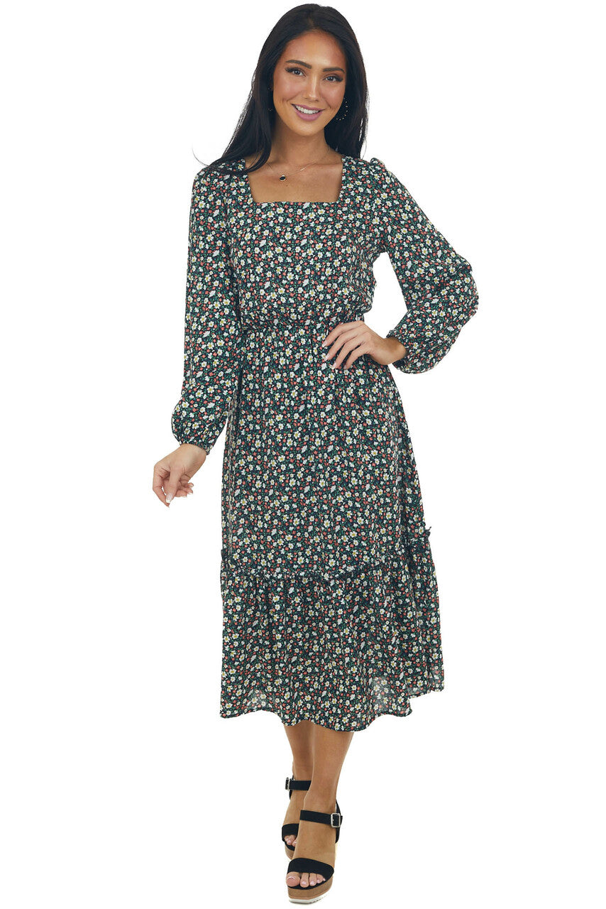Black Floral Bubble Sleeve Midi Dress