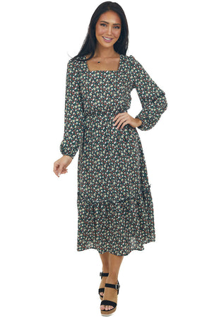 Black Floral Bubble Sleeve Midi Dress