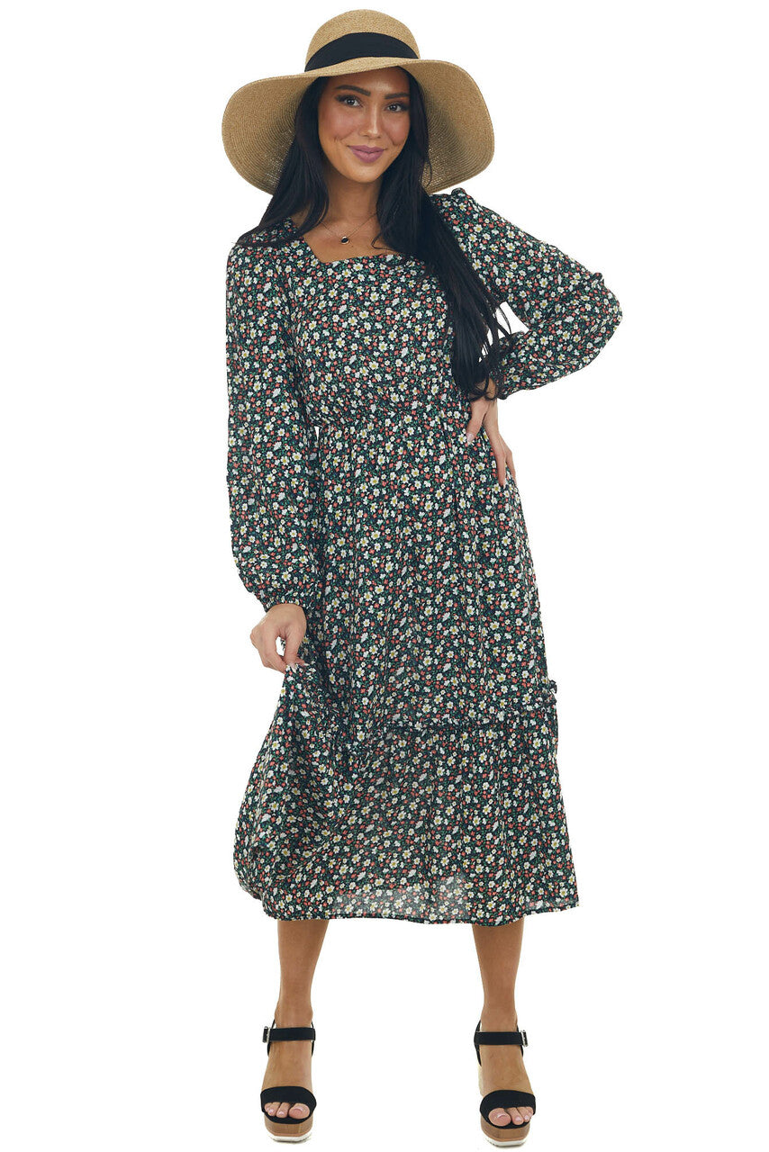 Black Floral Bubble Sleeve Midi Dress