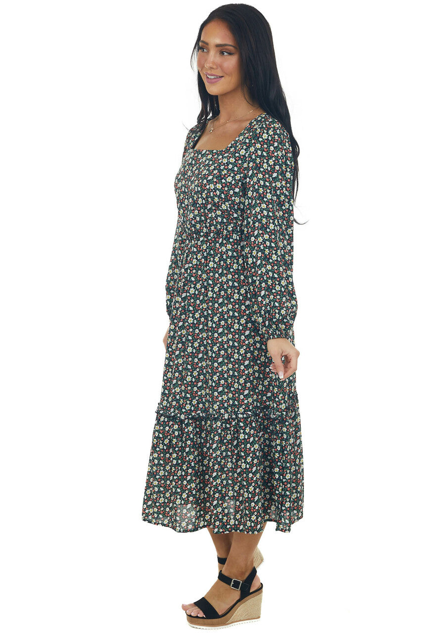 Black Floral Bubble Sleeve Midi Dress