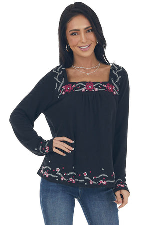 Black Floral Embroidered Babydoll Knit Top 