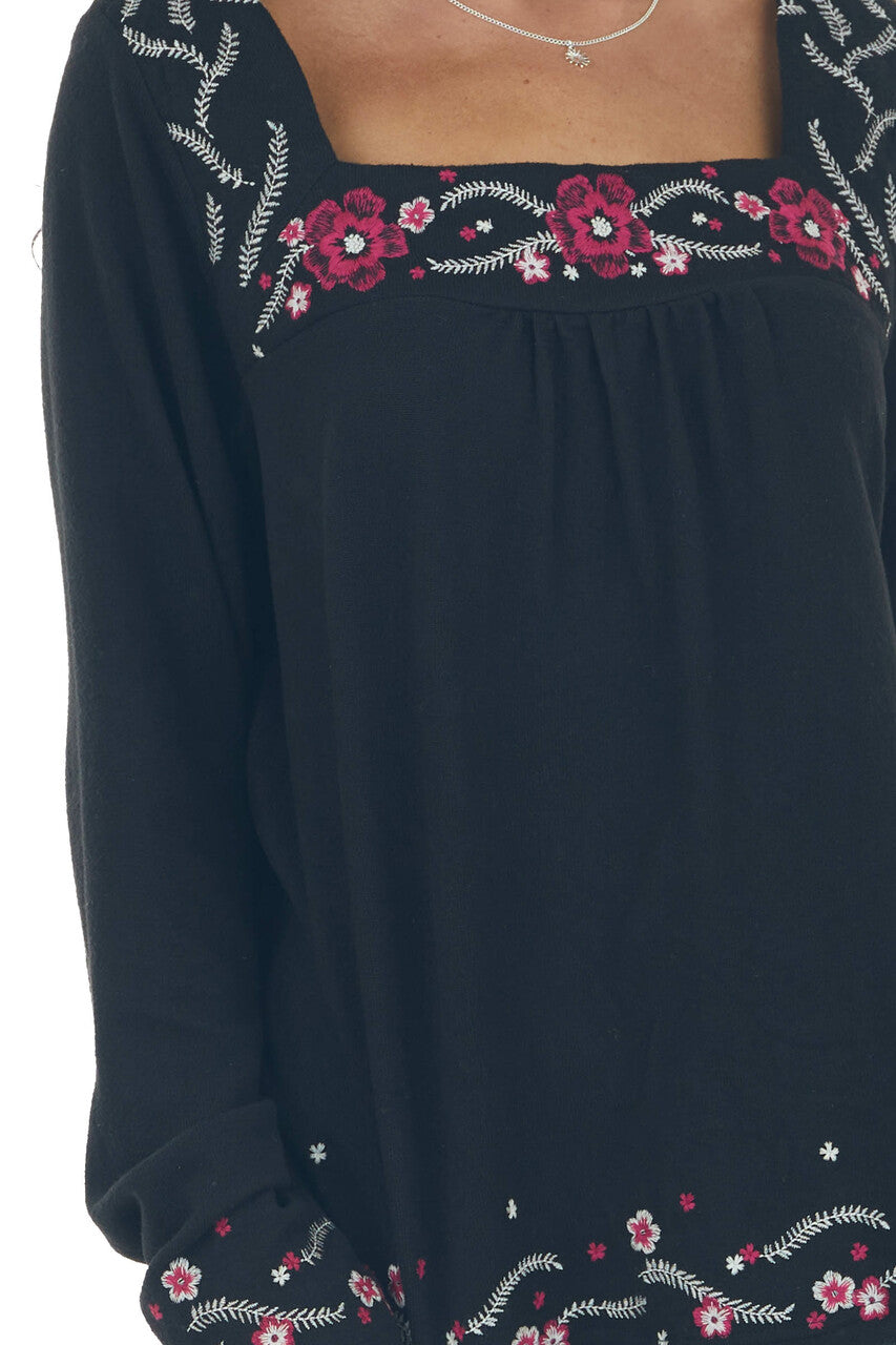 Black Floral Embroidered Babydoll Knit Top 