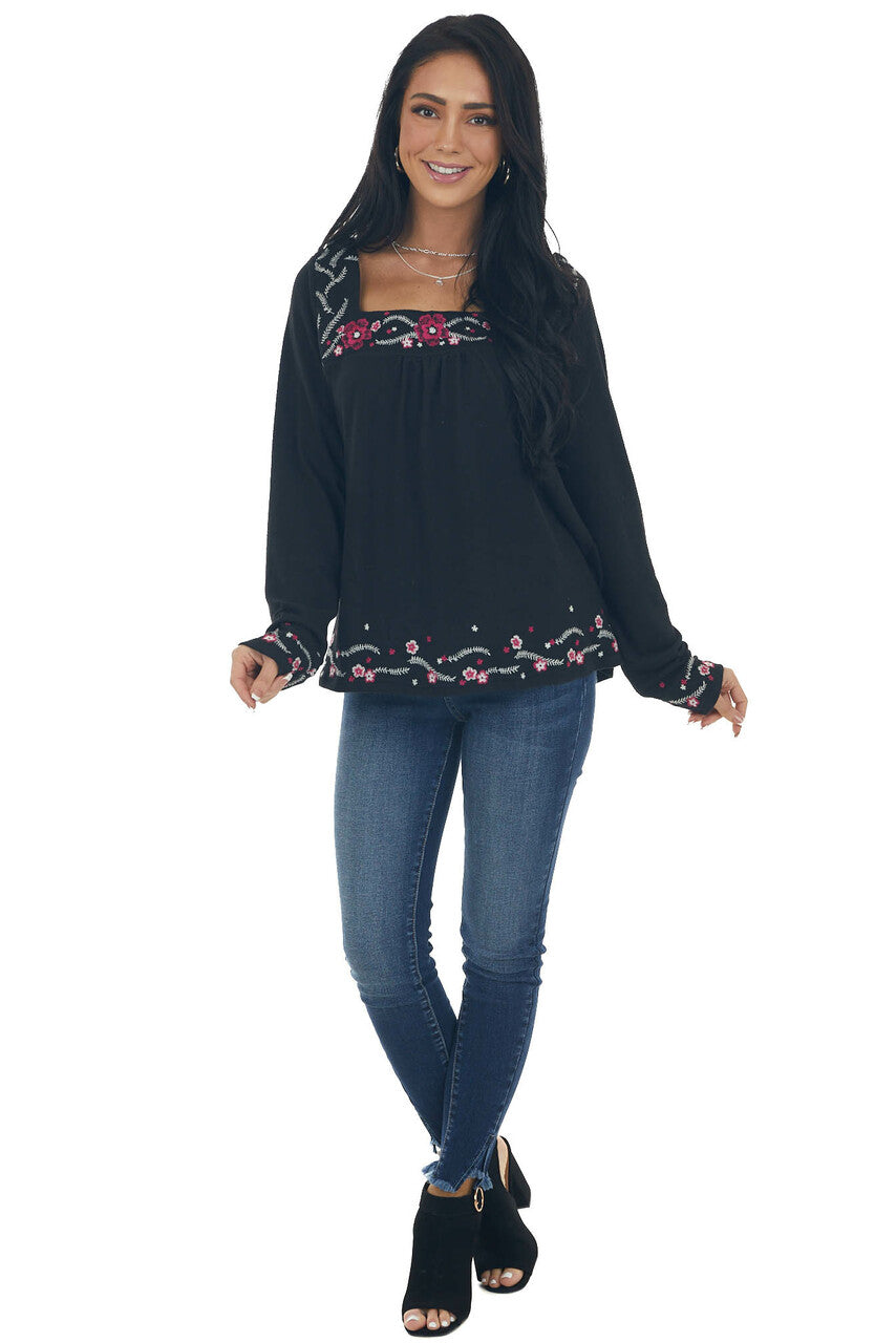 Black Floral Embroidered Babydoll Knit Top 