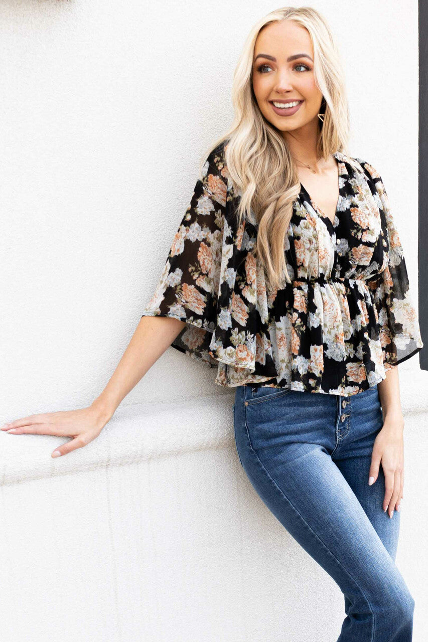 Black Floral Flare Sleeve V Neck Babydoll Top
