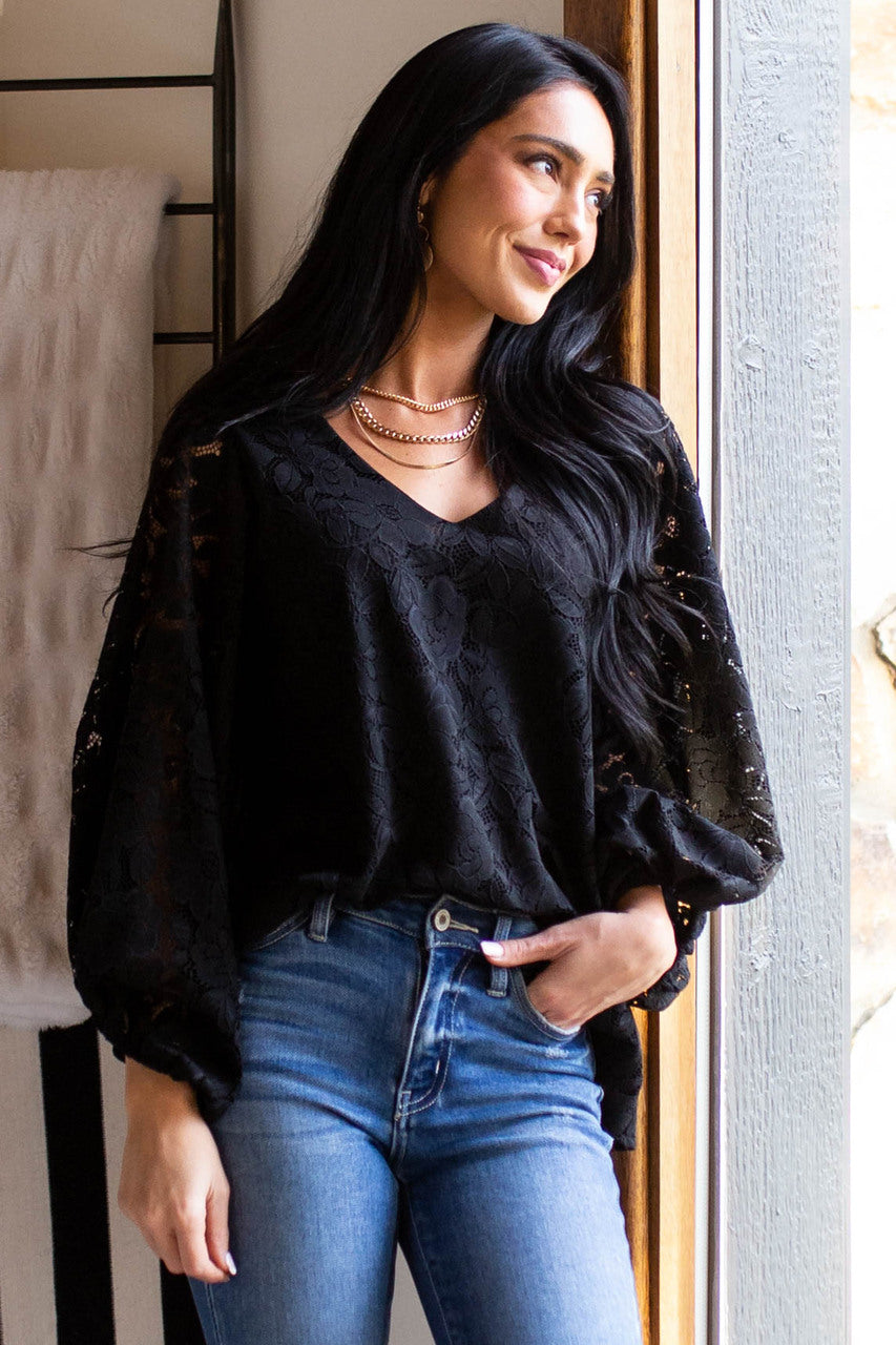 Black Floral Lace Long Bubble Sleeve Blouse