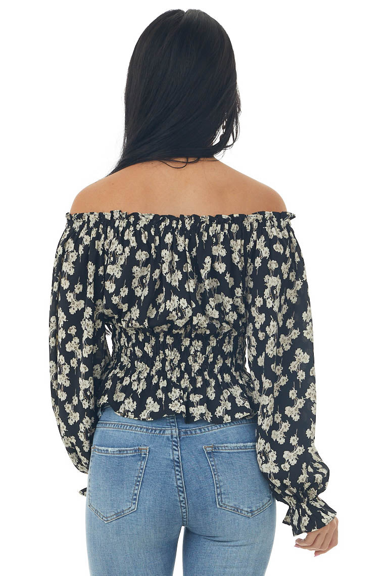 Black Floral Off Shoulder Long Sleeve Blouse