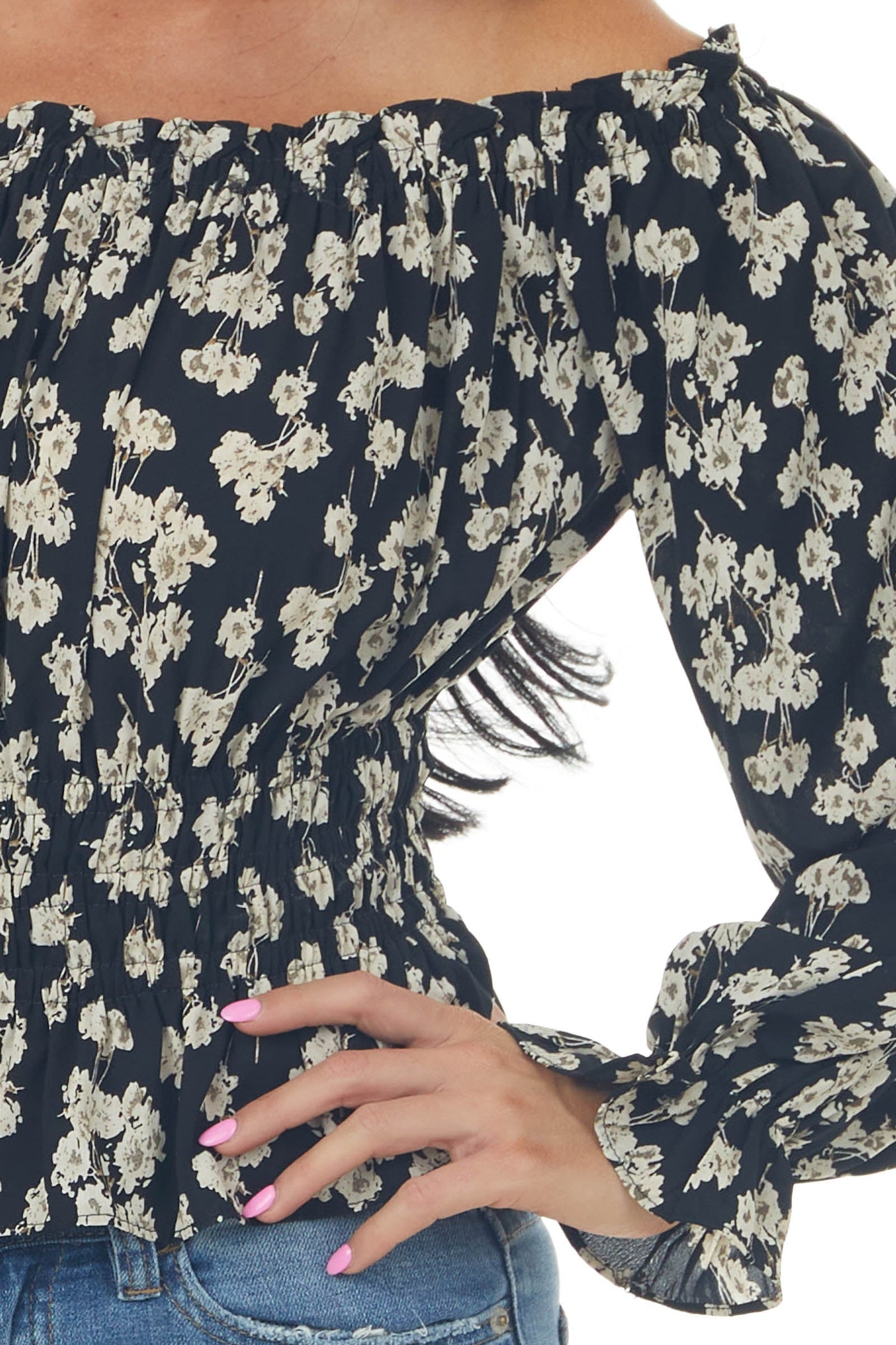 Black Floral Off Shoulder Long Sleeve Blouse
