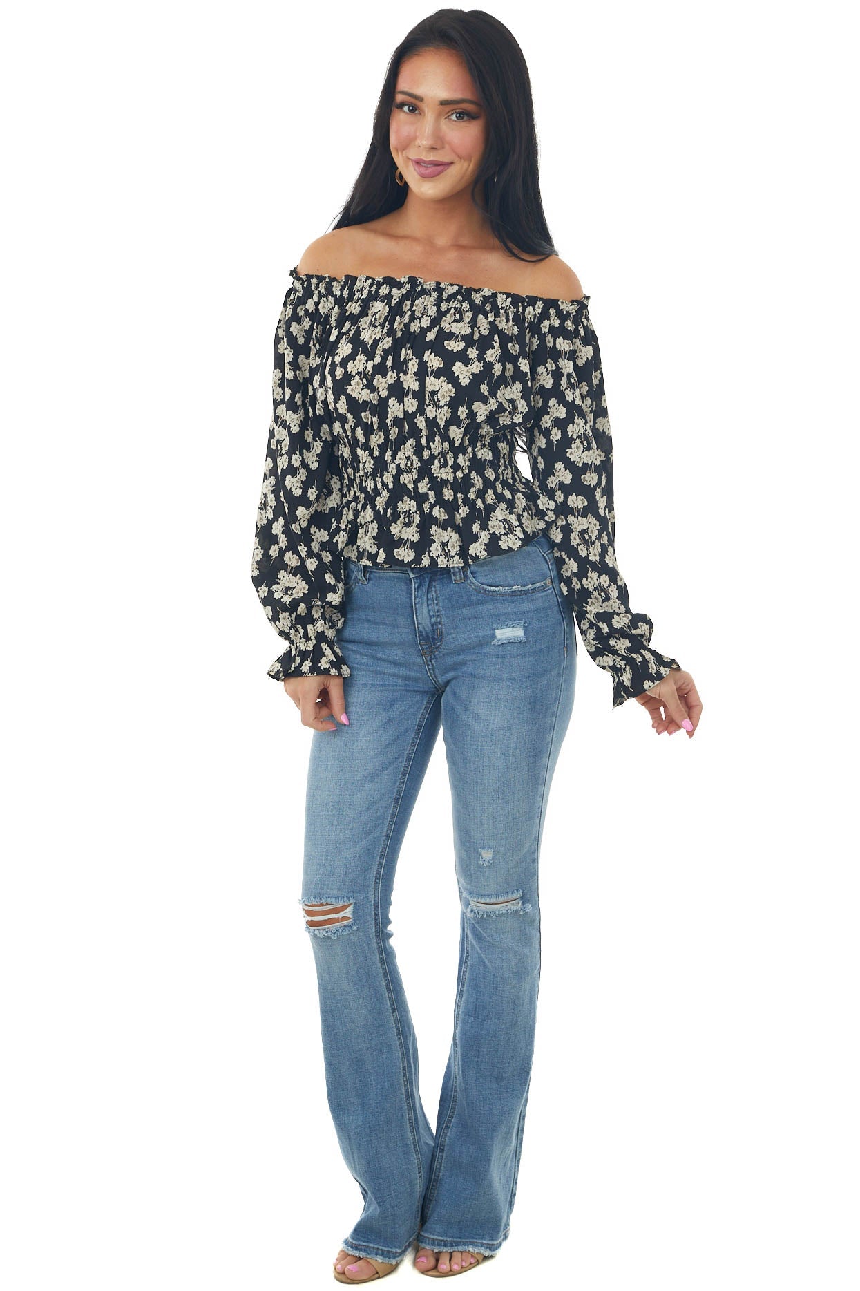 Black Floral Off Shoulder Long Sleeve Blouse