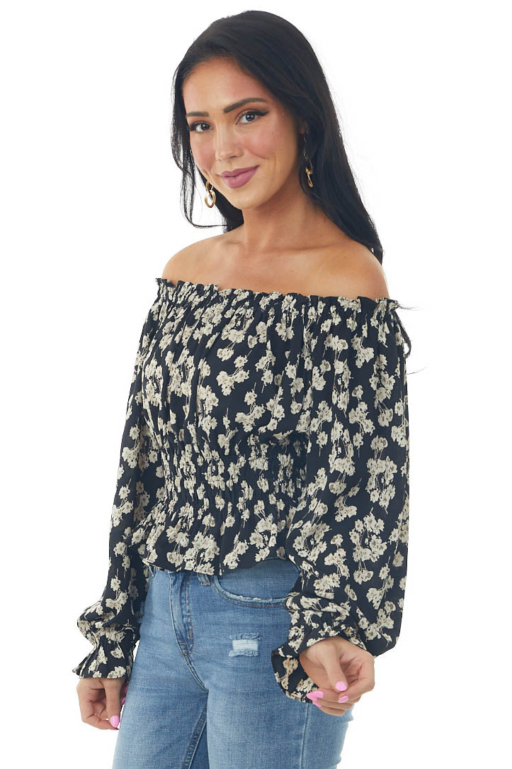 Black Floral Off Shoulder Long Sleeve Blouse