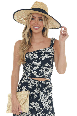 Black Floral Print One Shoulder Cropped Tank 