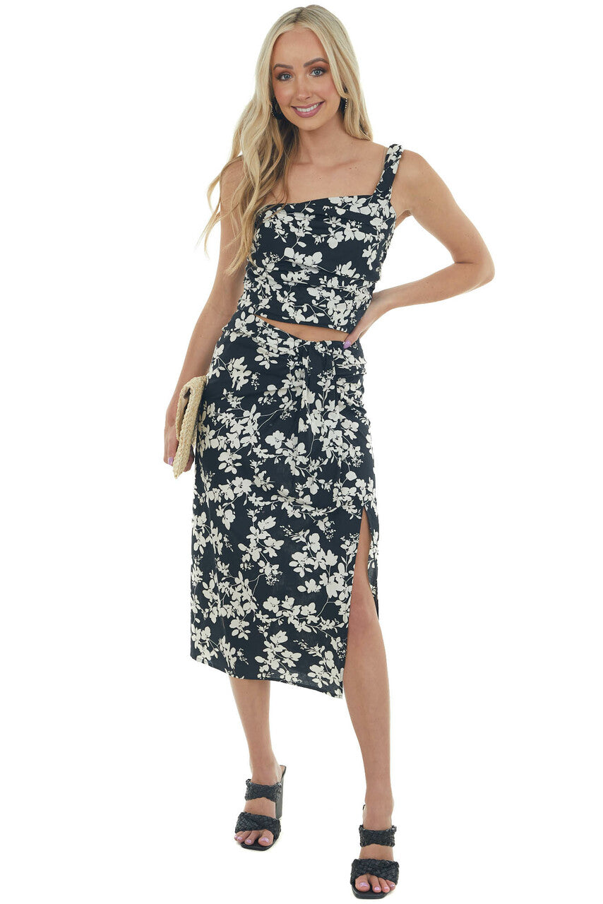 Black Floral Print One Shoulder Cropped Tank 