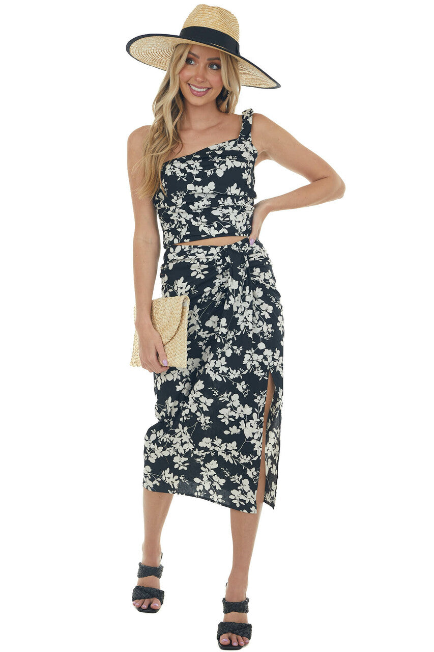 Black Floral Print One Shoulder Cropped Tank 