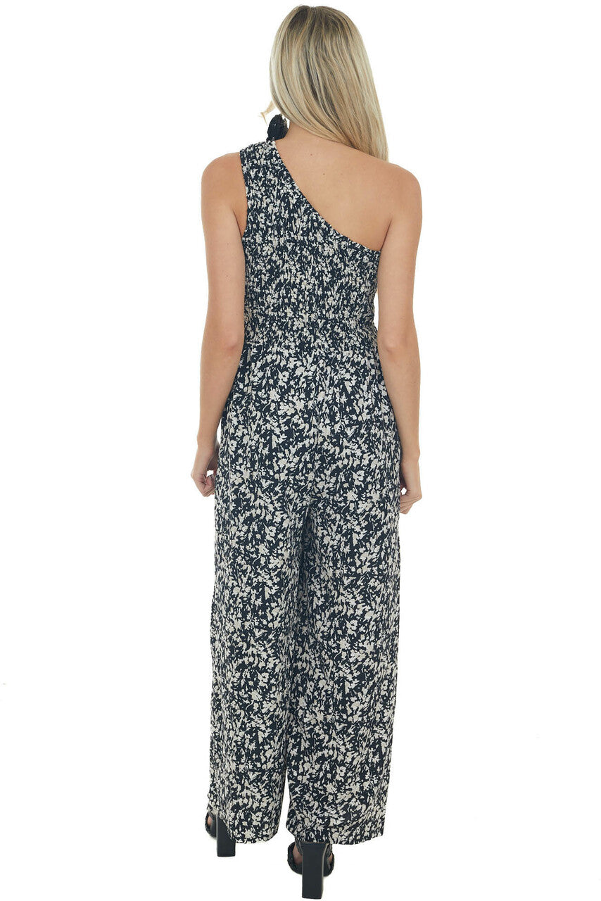 Black Floral Print One Shoulder Jumpsuit 