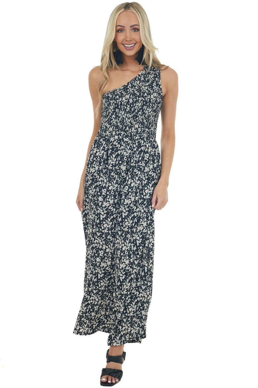 Black Floral Print One Shoulder Jumpsuit 