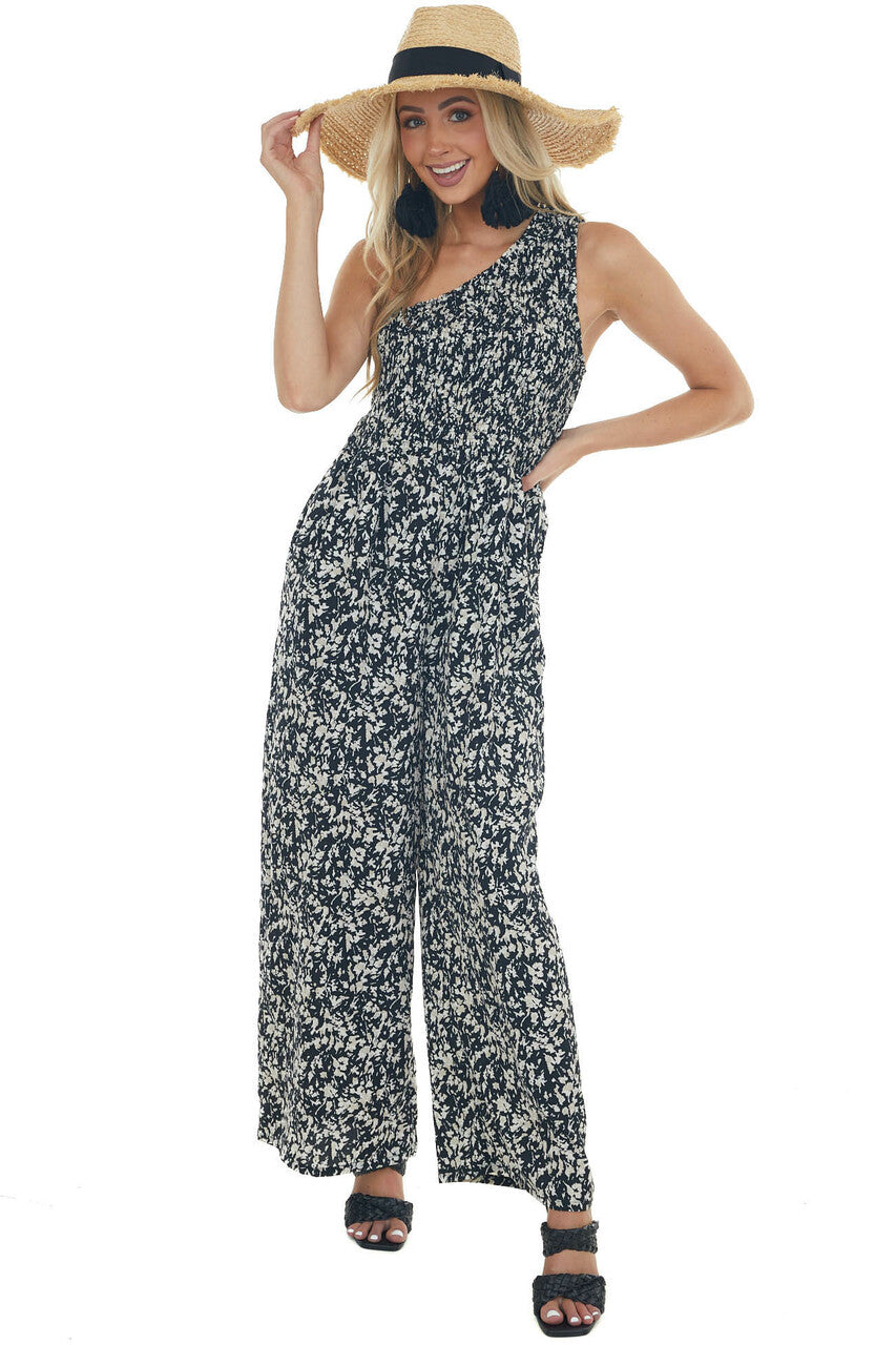 Black Floral Print One Shoulder Jumpsuit 