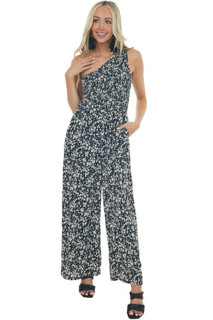 Black Floral Print One Shoulder Jumpsuit 