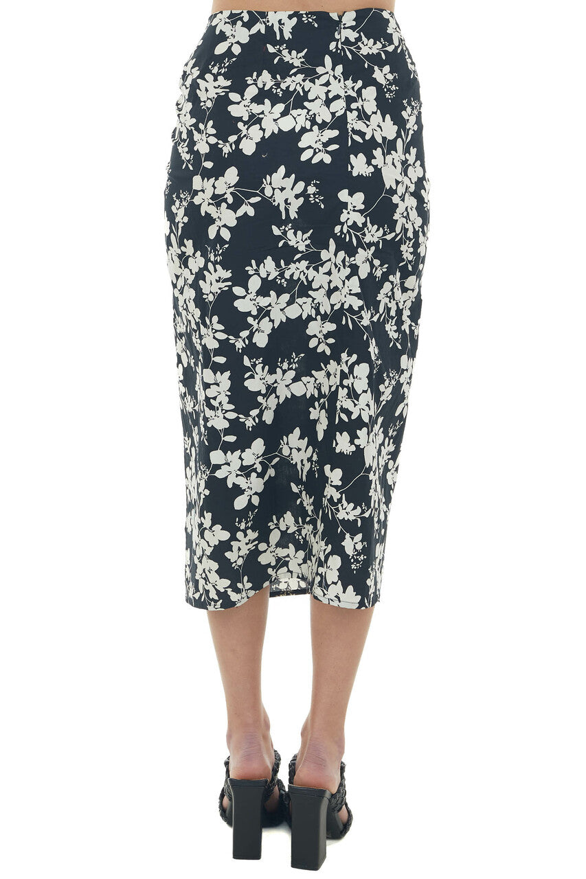 Black Floral Print Ruched Front Midi Skirt