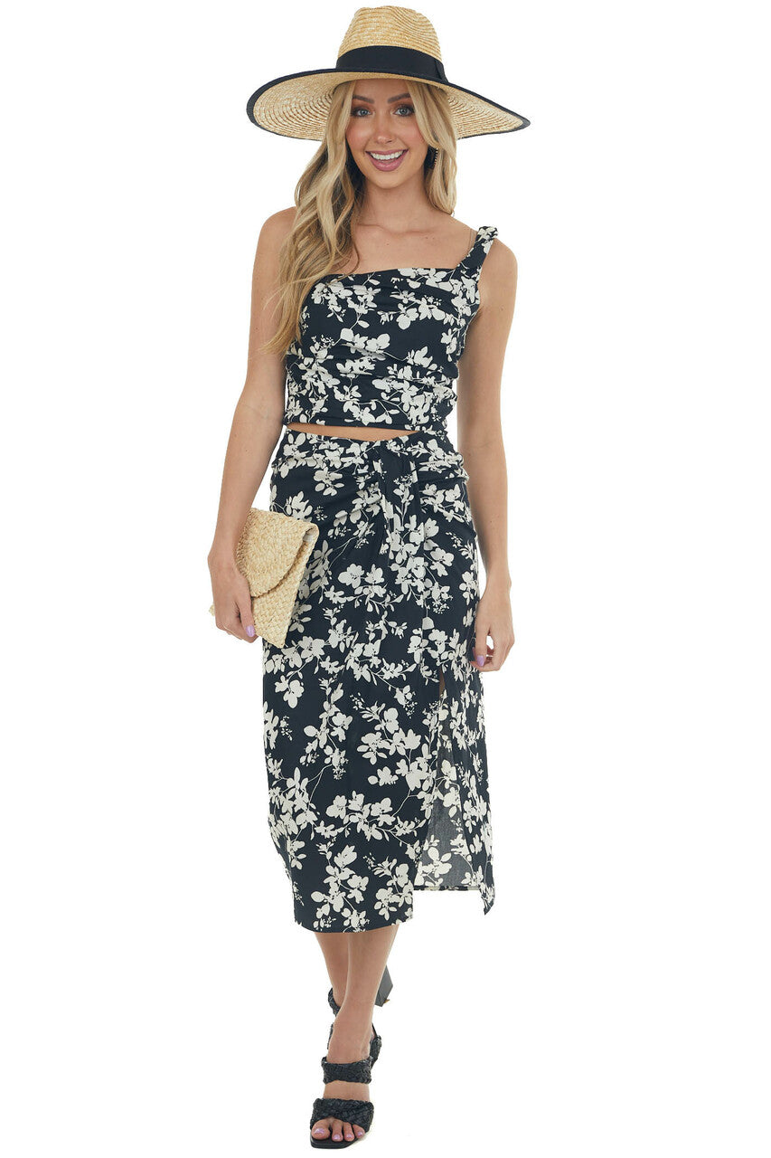Black Floral Print Ruched Front Midi Skirt