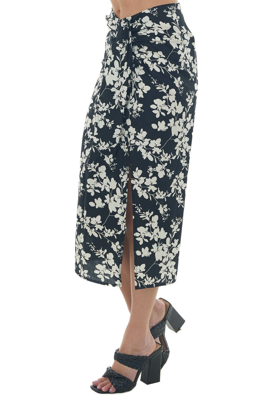 Black Floral Print Ruched Front Midi Skirt